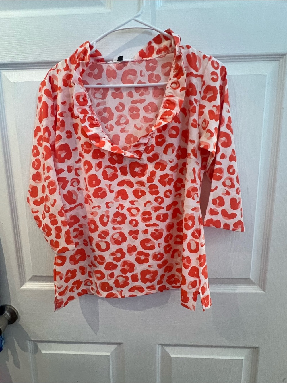 Michelle McDowell Coral Leopard Ruffle V-Neck Blouse